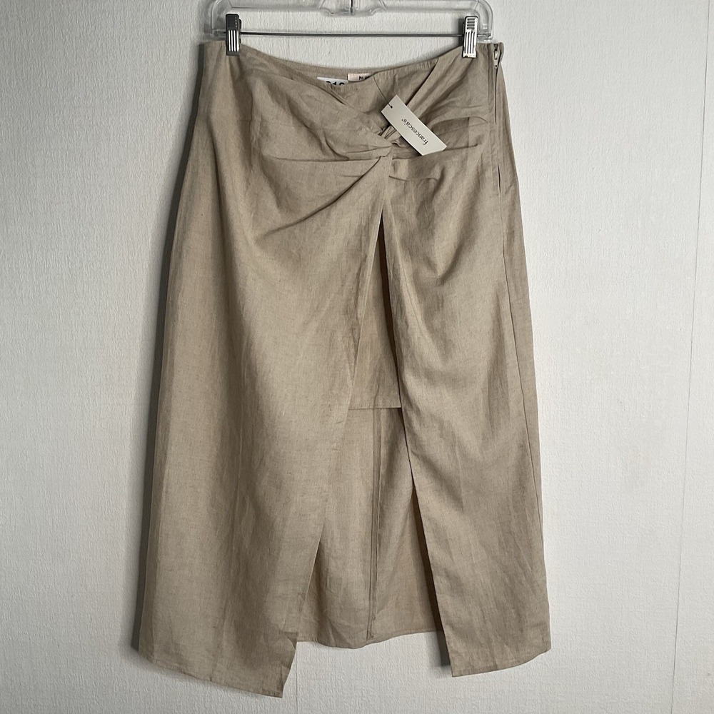 Francesca's Mi Ami Skirt New Size L Beige Linen Cinchwaist Twist Knot Slit Chic